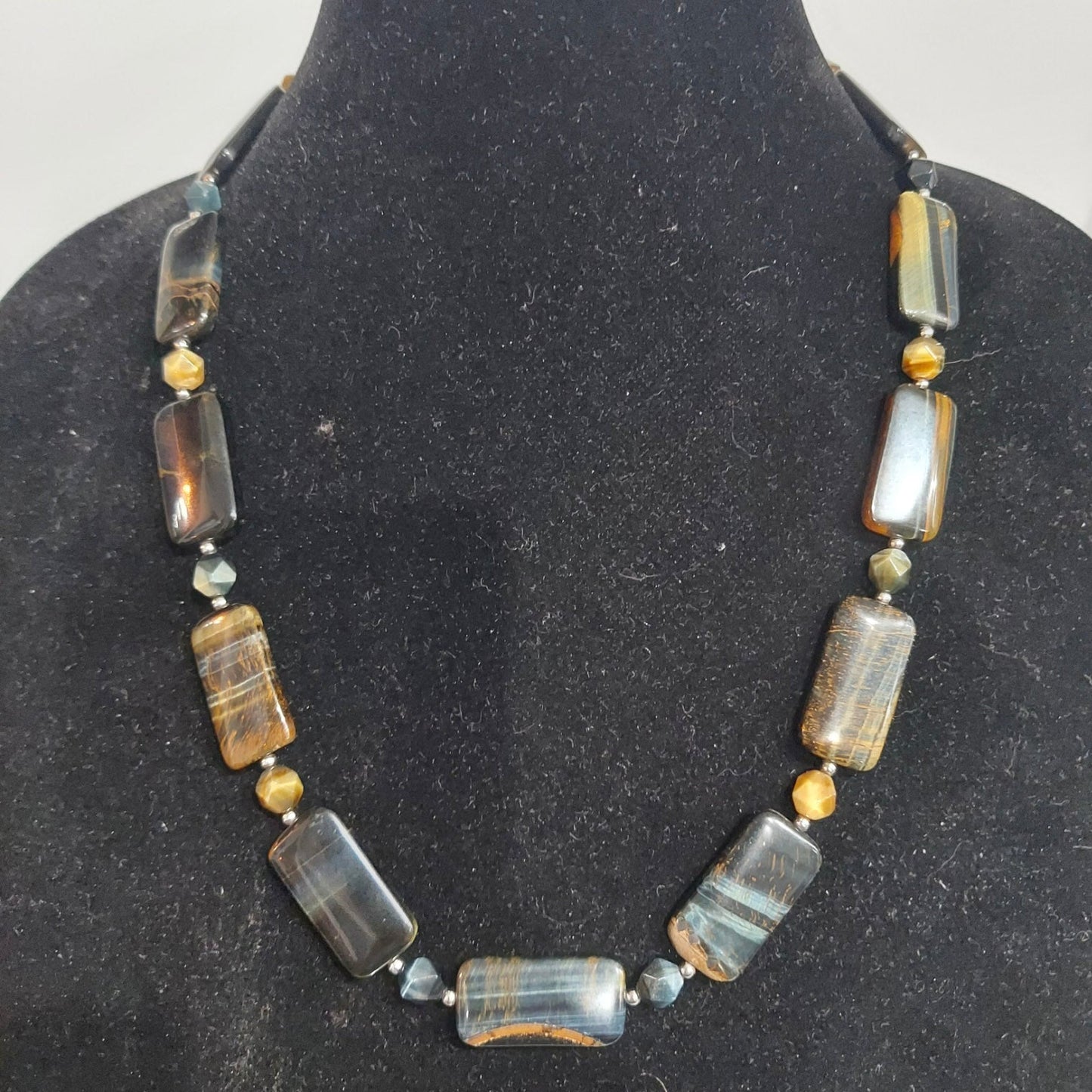 Blue and Mixed Tigers Eye Necklace with Stainless Steel accents "Iris"