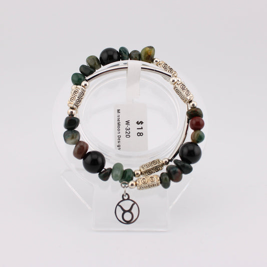 Taurus Zodiac wrap bracelet with Ocean Jasper and Rainbow Obsidian