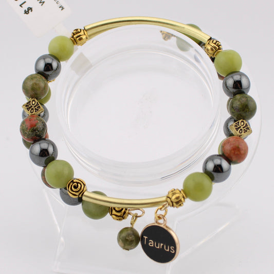 Taurus Zodiac wrap bracelet with Jade, Unakite and Hematite