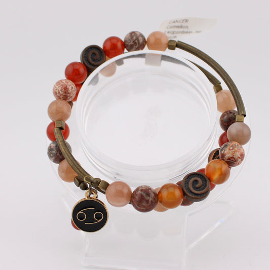 Cancer Zodiac wrap bracelet with Carnelian, Leopardskin Jasper, Peach Moonstone