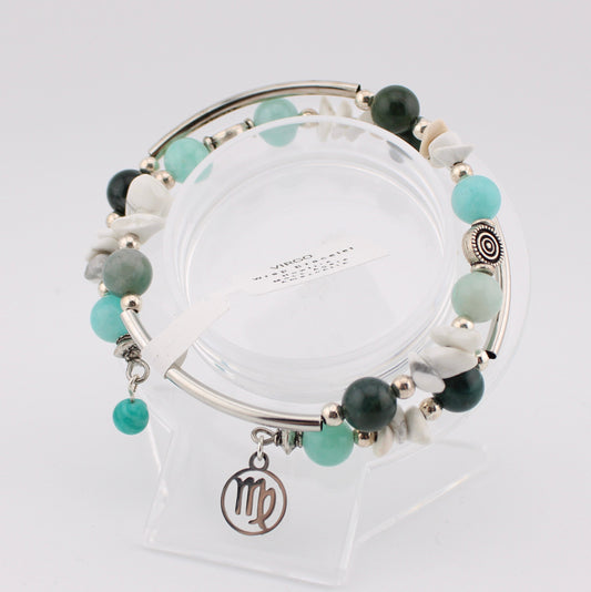 Virgo Zodiac wrap bracelet with Moss Agate, Howlite, Amazonite