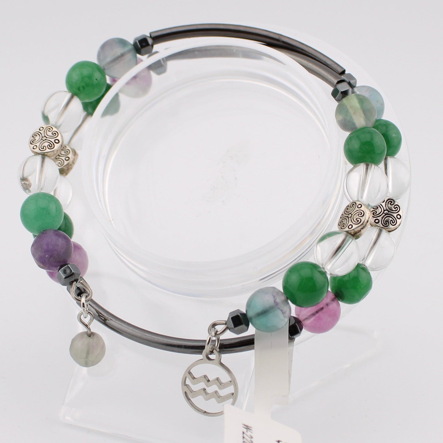 Aquarius Zodiac wrap bracelet with Fluorite, Clear Quartz and Hematite