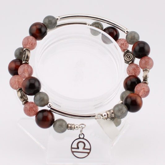 Libra Zodiac wrap bracelet with Strawberry Quartz, Red Tigers' Eye, Labradorite