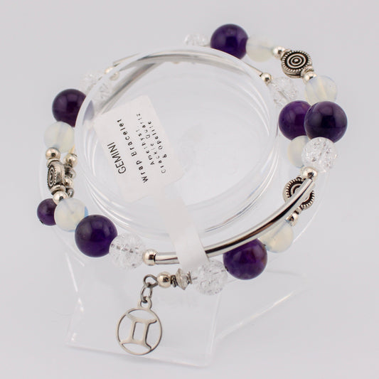 Gemini Zodiac wrap bracelet with Amethyst, Opalite and Crackle Quartz