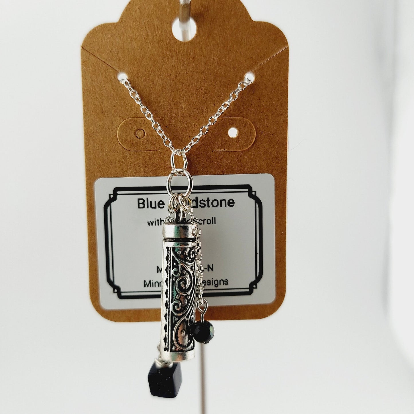 Silver Scroll w/ Blue Goldstone cube necklace, 20" chain