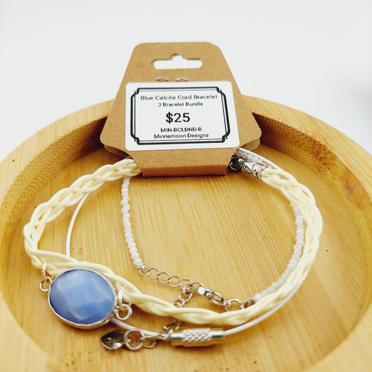 Blue Calcite on white braided cord bracelet bundle