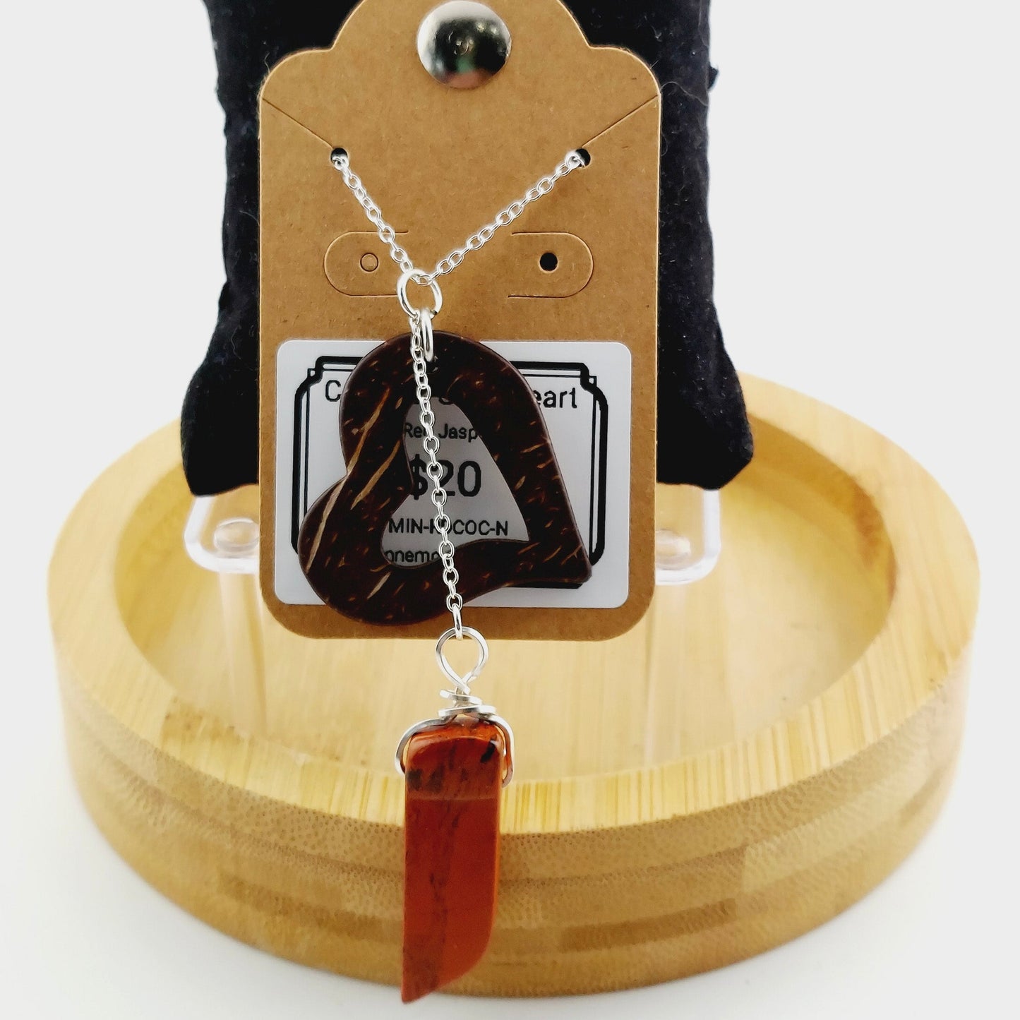 Coconut shell heart w/ Red Jasper point necklace 20" chain