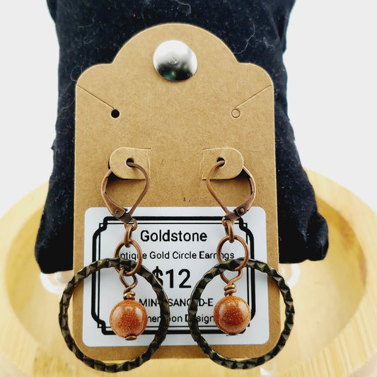 Goldstone earrings with antique gold rings, leverbacks