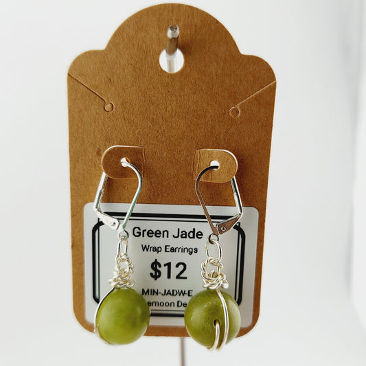 Green Jade wrap earrings, 12mm bead, leverbacks