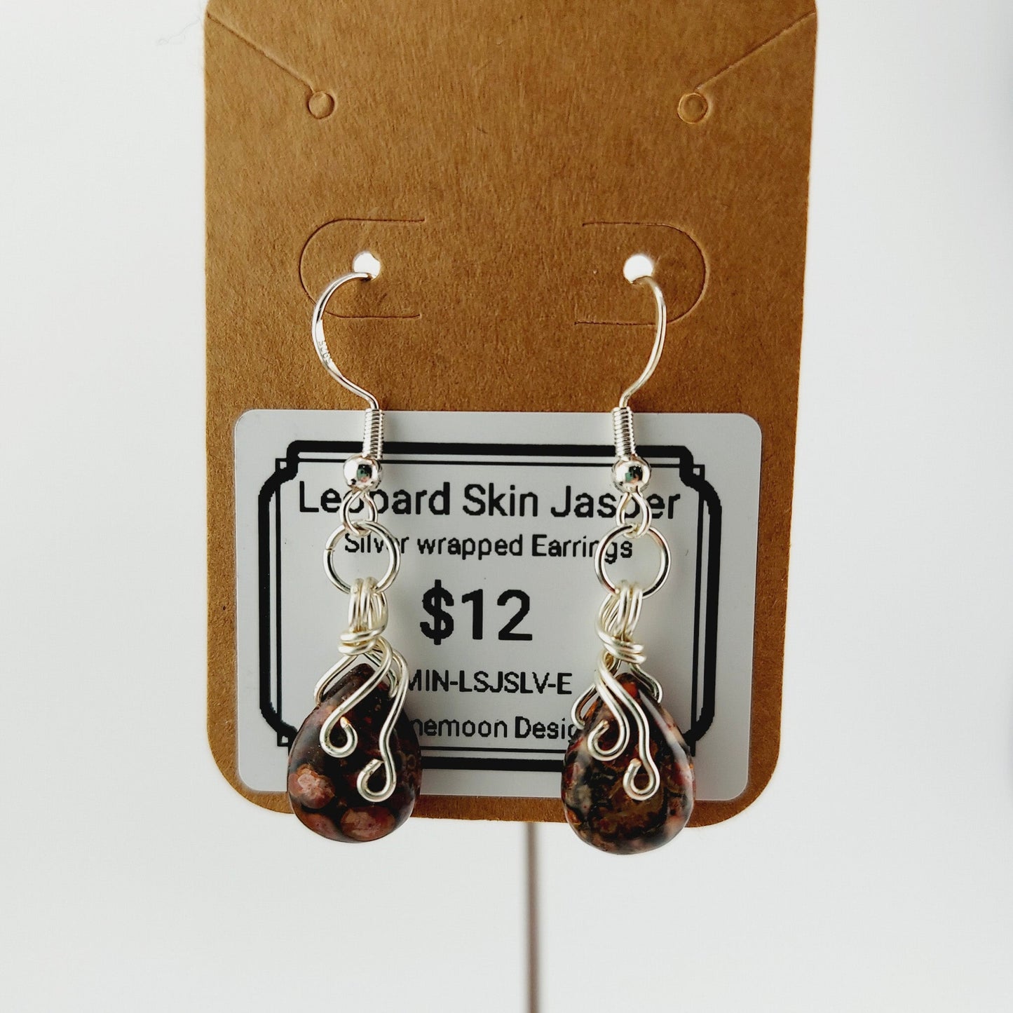 Leopardskin Jasper silver wrapped earrings, french hooks