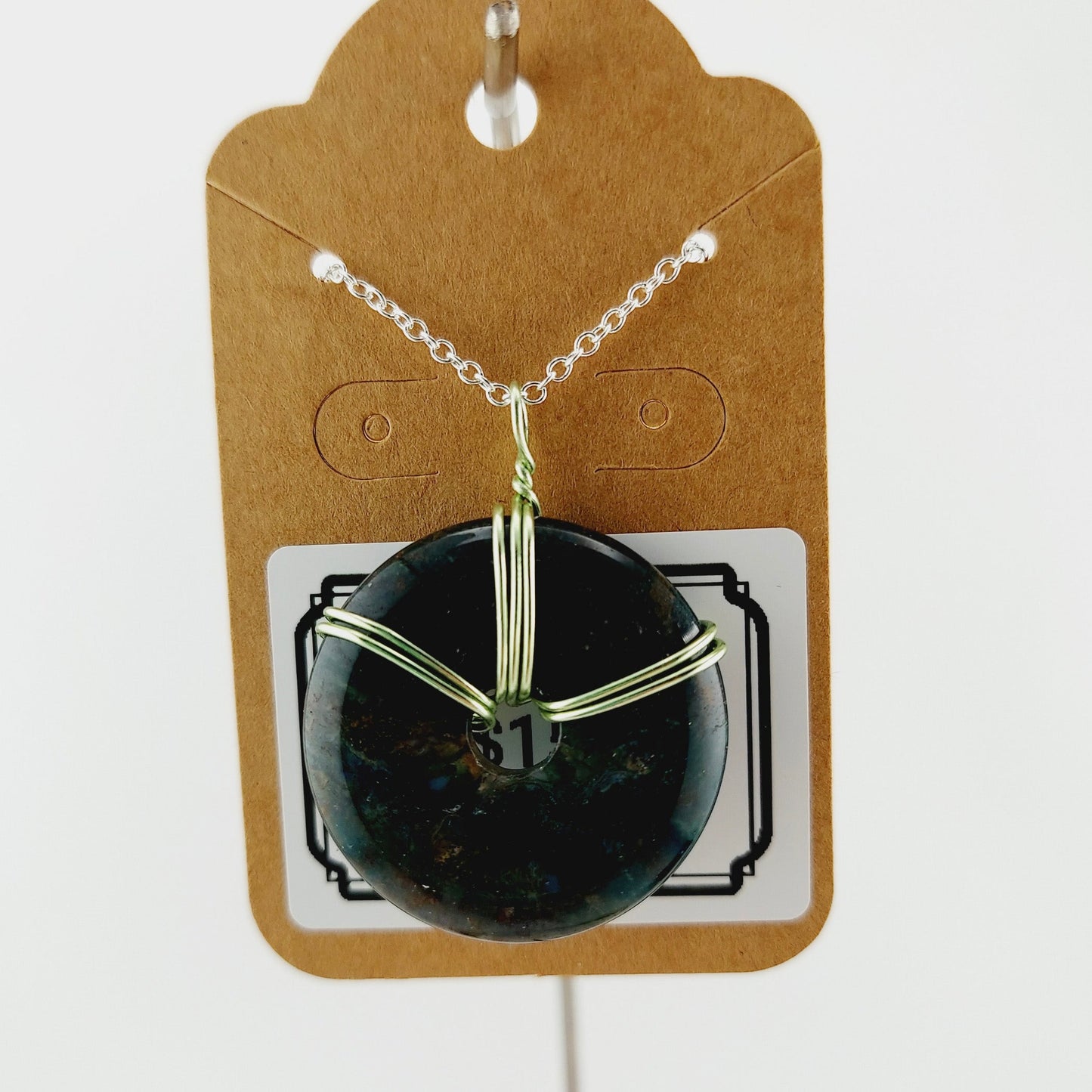 Moss Agate Donut wrapped necklace 20" chain