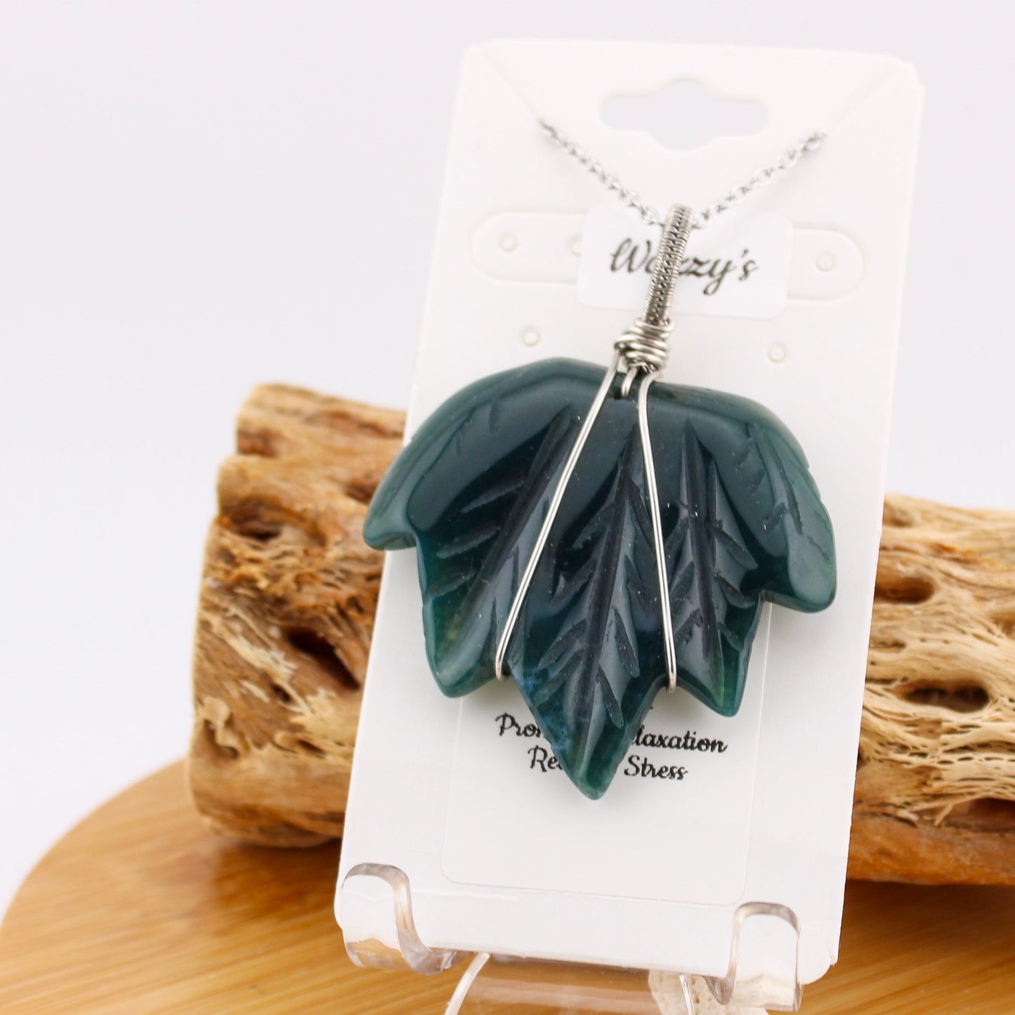 Moss Agate Leaf Wire Wrapped Necklace "Colette"