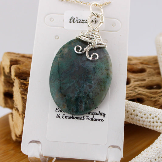 Moss Agate Wire Wrapped Necklace "Zelle"